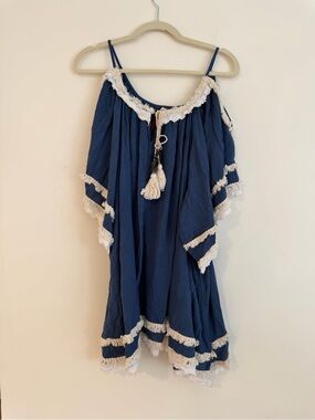 Raga sand tunic Navy Blue Tassel Boho Cover-Up with White Lace Trim size XS